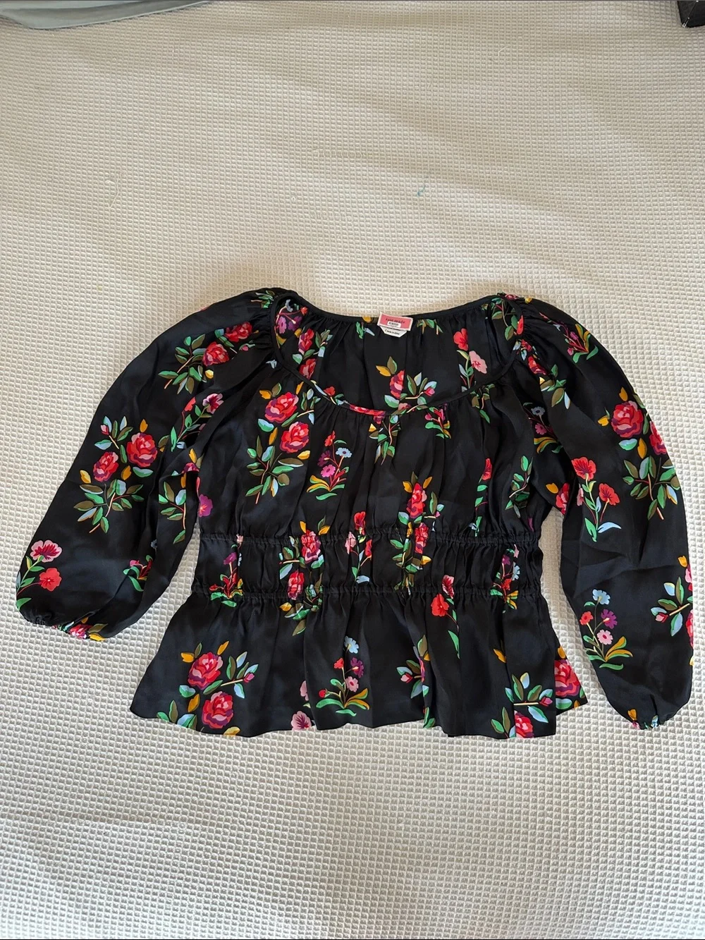 Kate Spade Floral Smocked Waist Blouse Black & Floral sz L